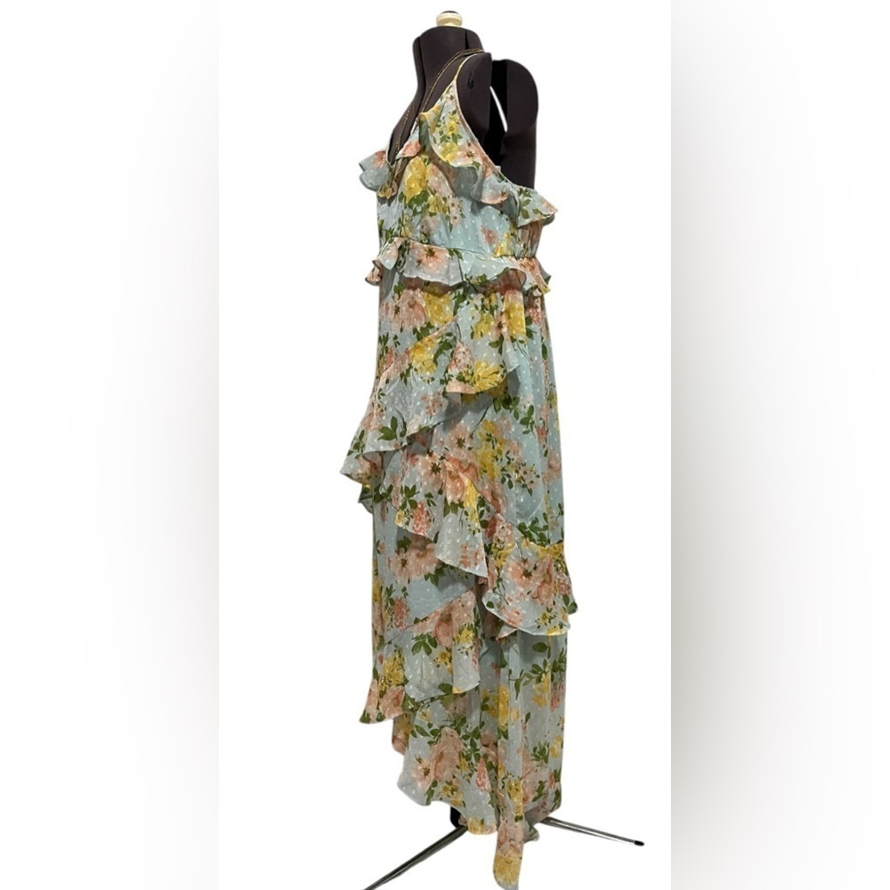 By The River Blossom In Time Blue Multi Floral Ruffle Tiered Midi Dress Size L - Picture 10 of 14